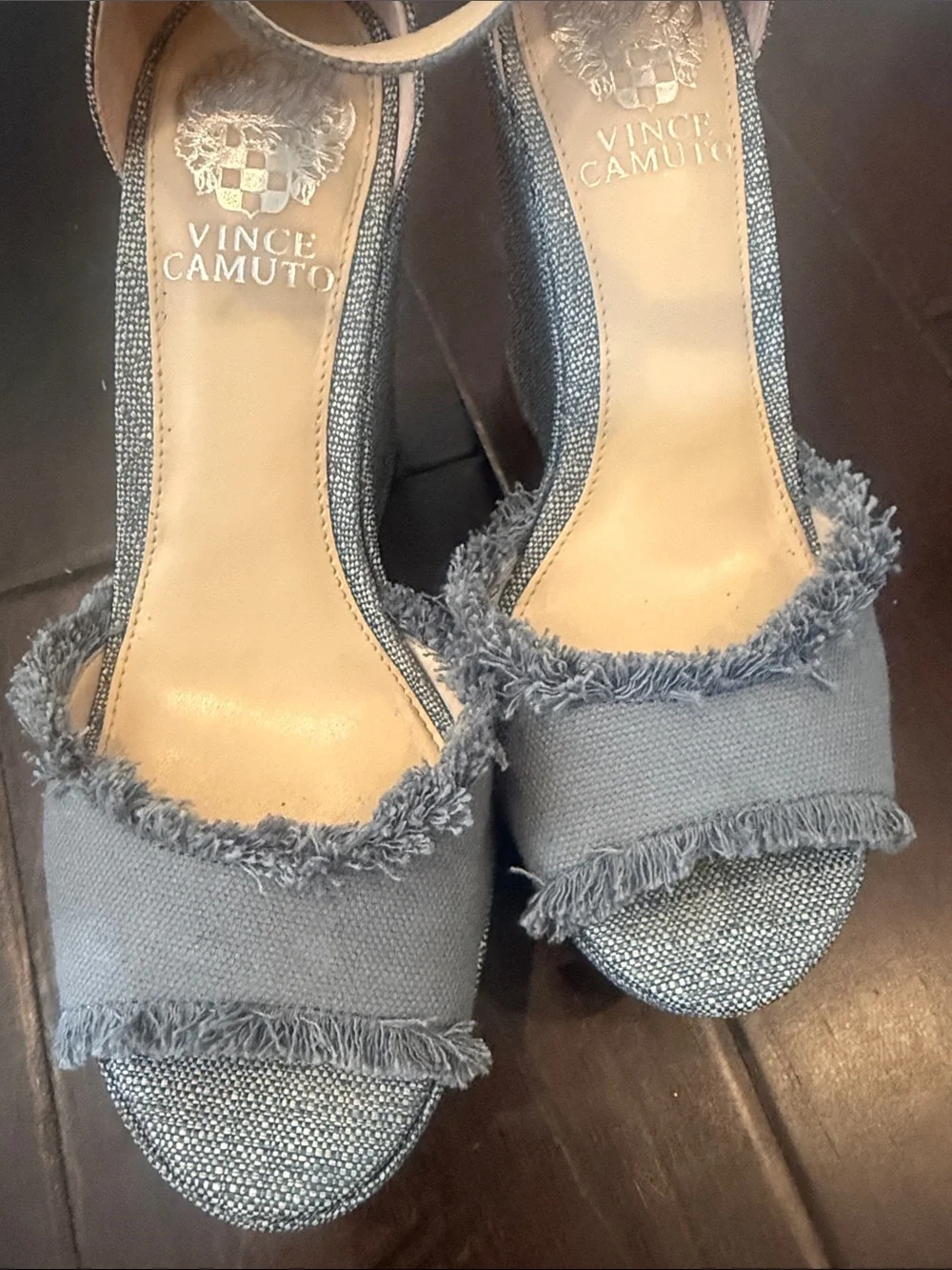 Vince Camuto Bluish Gray Frayed Ankle-Strap Platform Sandals